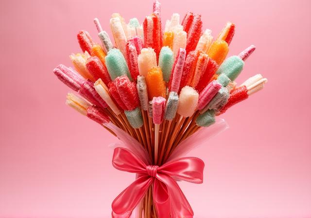 Un elegante bouquet creato interamente con caramelle e lecca-lecca colorati