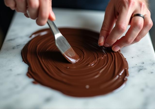 Chocolatier che lavora il cioccolato fuso su un piano di marmo