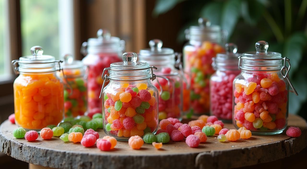 Un assortimento colorato di caramelle vintage in barattoli di vetro