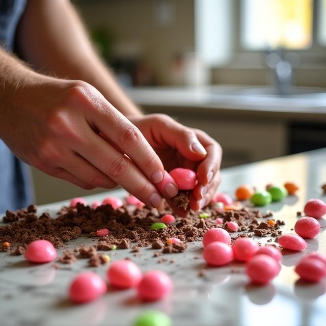Artigiano al lavoro con cioccolato e caramelle colorate