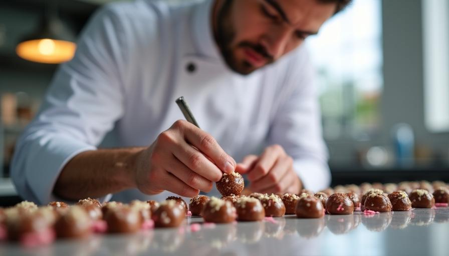 Mastri cioccolatieri al lavoro su cioccolatini artigianali
