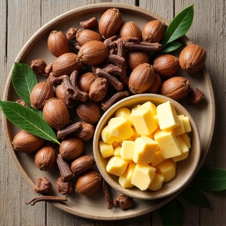 Frutta secca e spezie fresche su un tavolo da lavoro